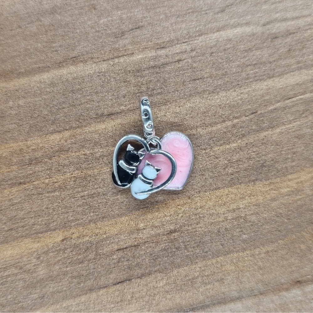 Silver Cat Heart Pendant Charm with Black, White & Pink Enamel